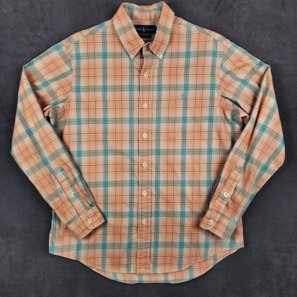 Ralph Lauren Shirt Mens Large Orange Teal Plaid Long Sleeve Custom Fit Button Up